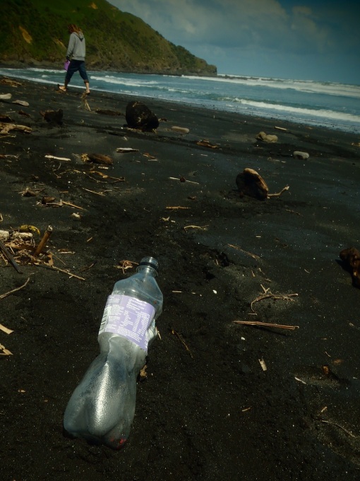 A plastic bottle on Kiritehere beach with the point break in background.
